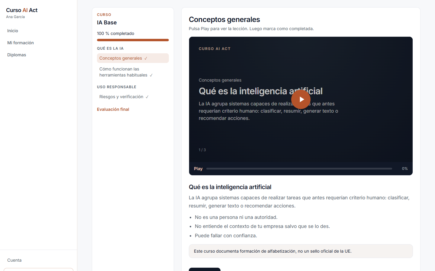 Lección del curso con contenidos y progreso.