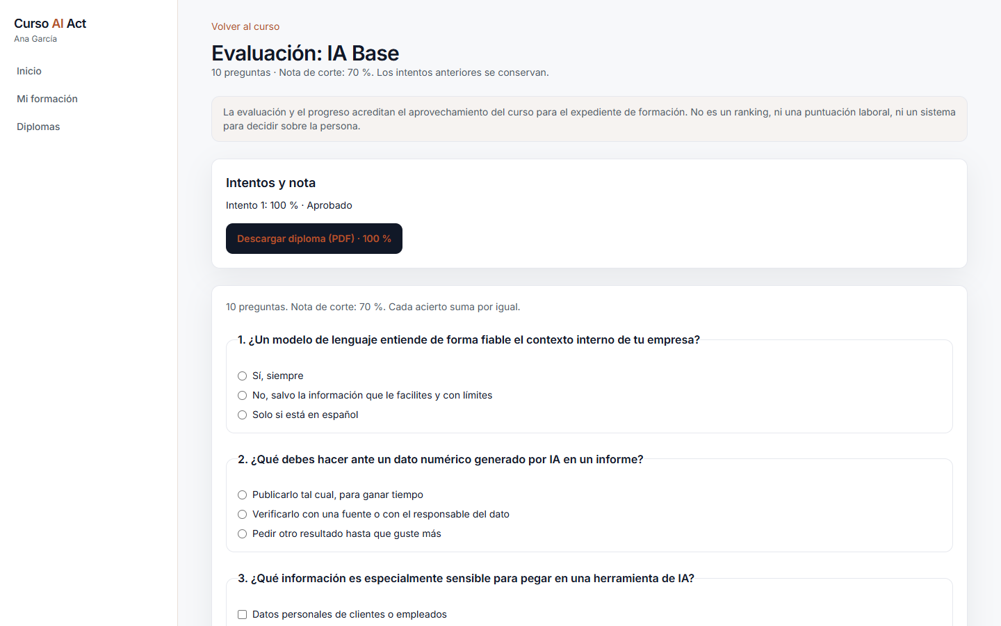 Evaluación del curso y descarga del diploma.